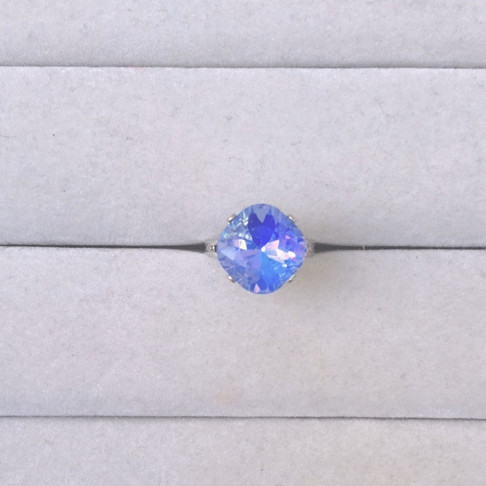Periwinkle Blue-Purple Opal Aurora Borealis + Silver Cushion Cut Crystal Ring